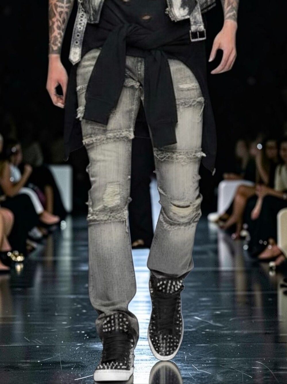 Bezalel Denim Distressed Flared Jeans Gray Washed Ripped Bell Bottom Size 36x34 - Picture 11 of 15